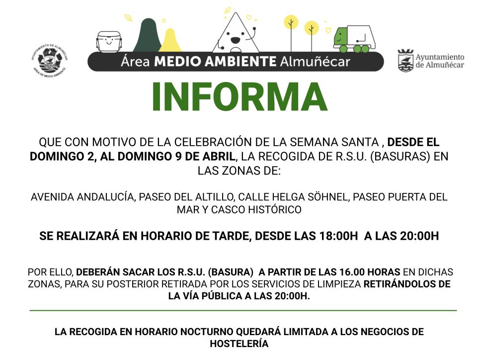 Almucar pone en marcha este domingo un  horario especial de recogida de basura en Semana Santa por el Centro Comercial